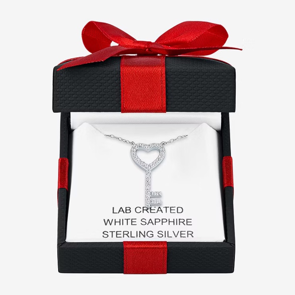 JC Penny Lab Created White Sapphire Sterling Silver Heart Keys Pendant Necklace